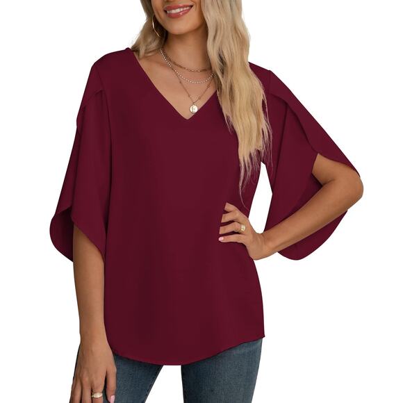 Jouica Women's 3/4 Split Ruffled Sleeve V-Neck Chiffon T-Shirt Size XXL Wine NWT - Picture 1 of 8